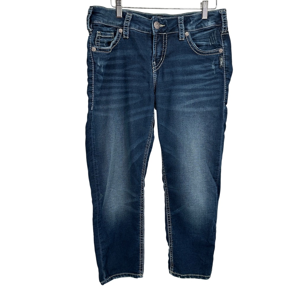 Silver Jeans Co Suki Mid Capri Joga Jeans 31 Dark Wash Denim Cropped Stretch